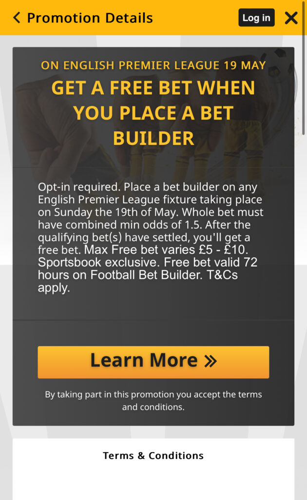 Betfair gives existing customers a free bet when then place a Bet Builder